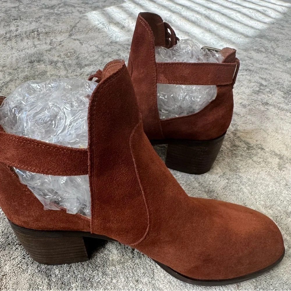 Lucky Brand Makenna Brown Suede Ankle Boots Square Toe Fringe Boho 7.5